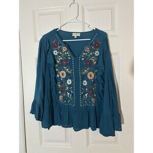 Teal Boho Shirt Floral Embroidery Coastal Cowgirl Cowboy Bell Sleeve Spring XL